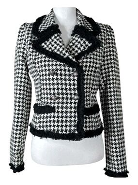 FOREIGN EXCHANGE Houndstooth Wool Blend Blazer w/Pockets & Fringe Trim, Size L.